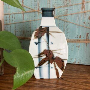 Vintage Japanese Mini Vase Bamboo Brown Blue Collectible 6”